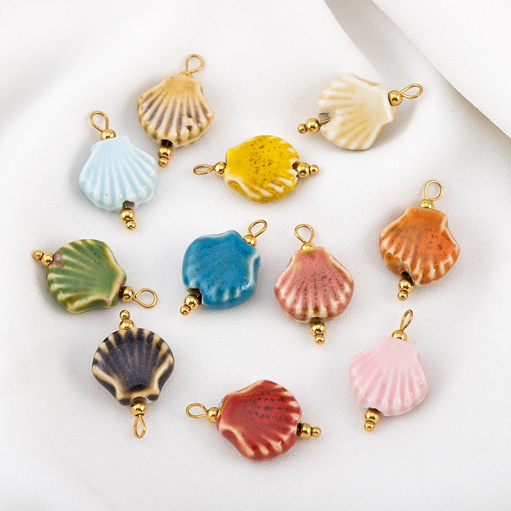 

5pcs Ceramic Shell Pendant Stainless Steel Colorful Charm For DIY Jewelry Making Handmade Earring Necklace Accessories Wholesale