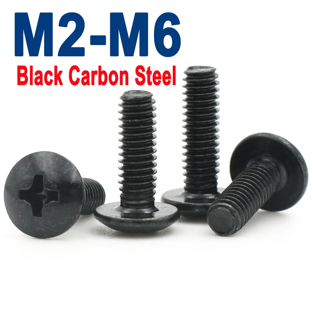 

10pcs/lot M2 M2.5 M3 M3.5 M4 M5 M6 Black Plated Electronic Carbon Steel Cross Phillips Truss Mushroom Head Screw Bolt