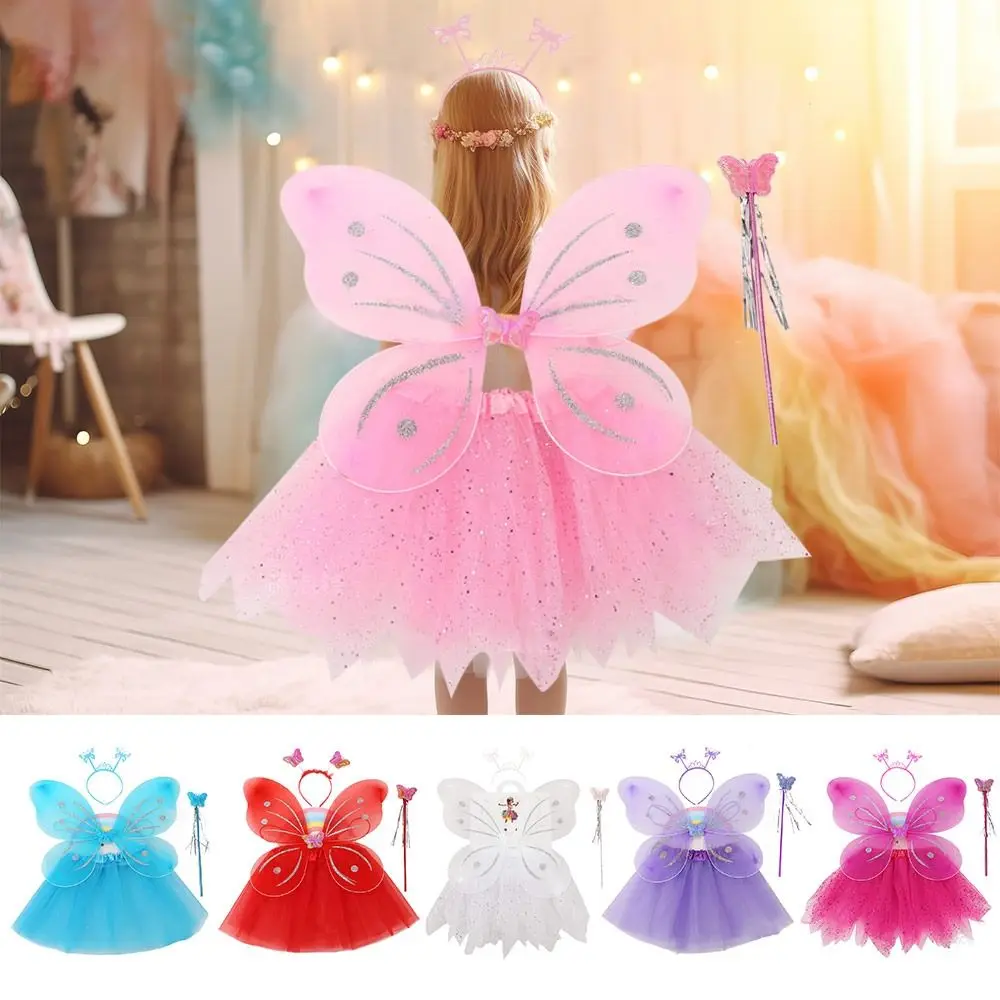 4Pcs/Set Cute Dressing Up Kids Butterfly Headband Wings Party Props Tutu Skirt Princess Costume Sets Fairy Wing Girls