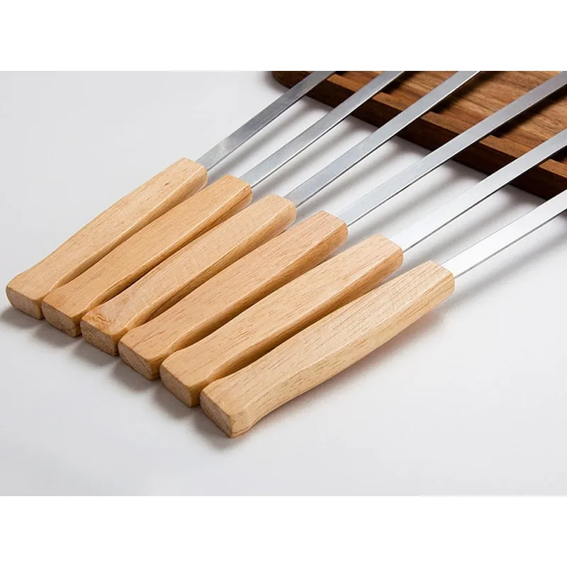 8pcs Kabab Koobideh Skewers 17 Inch Stainless Steel Grilling BBQ Skewer Reusable Barbecue Skewers Flat Stick with Wood Handle