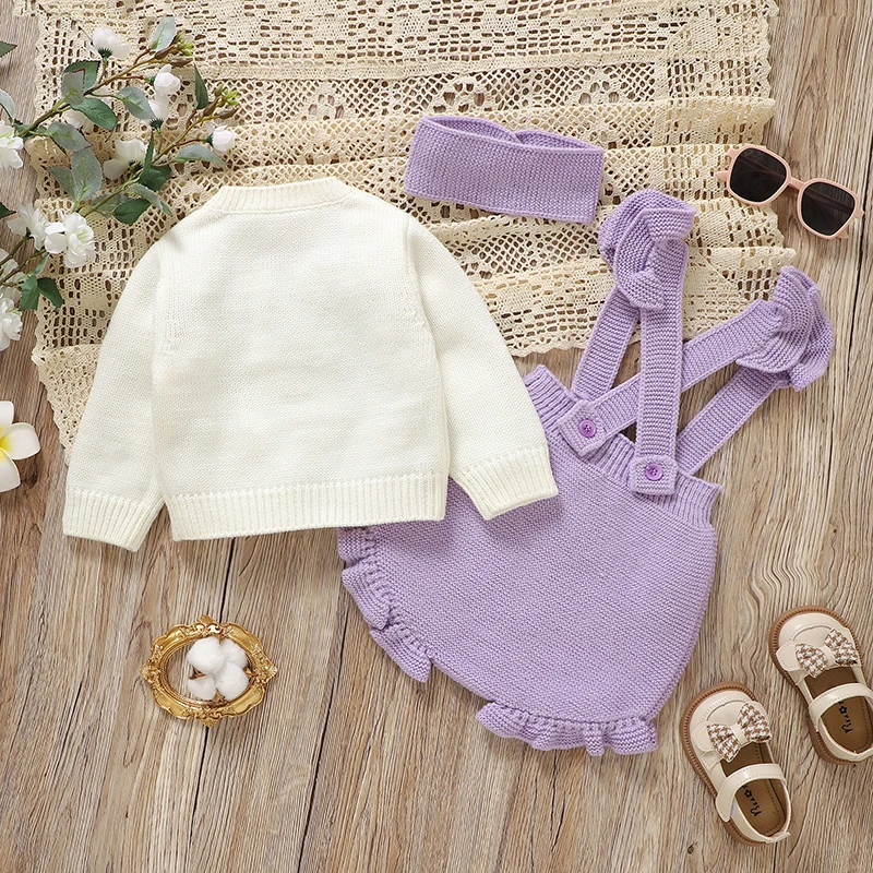 Girl Baby Clothes Set Knit Newborn Sweater Long Sleeve +Pants Fashion Ruffle +Hearwear Autumn Infant Cardigan Bodysuit Headdress