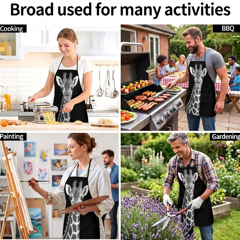 1PC【Apron】2DFlat effect，Printed with a black and white realistic giraffe pattern，Durable and fun，Suitable home kitchen cooki