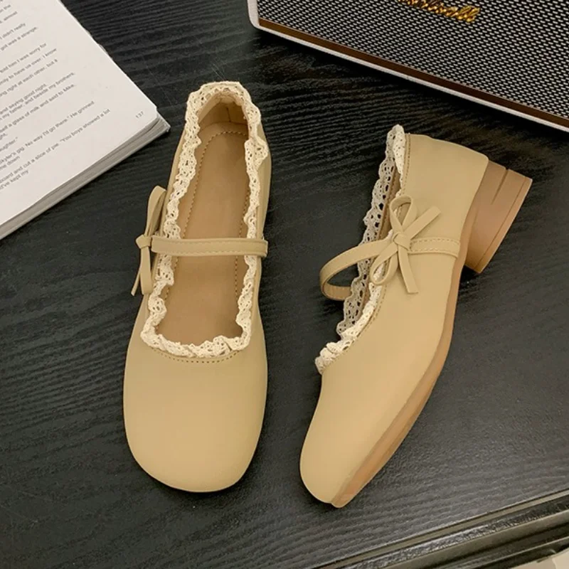 Primavera verão feminino novo temperamento retro suave emparelhado com saia salto grosso boca rasa sapatos únicos confortáveis