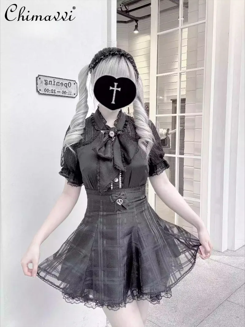 

Japanese Style Cute Bowknot Brooch Lace Chiffon Blouse 2025 New Sweet Girl Lace Short Sleeve Kawaii Women's Blouse Y2k Tops