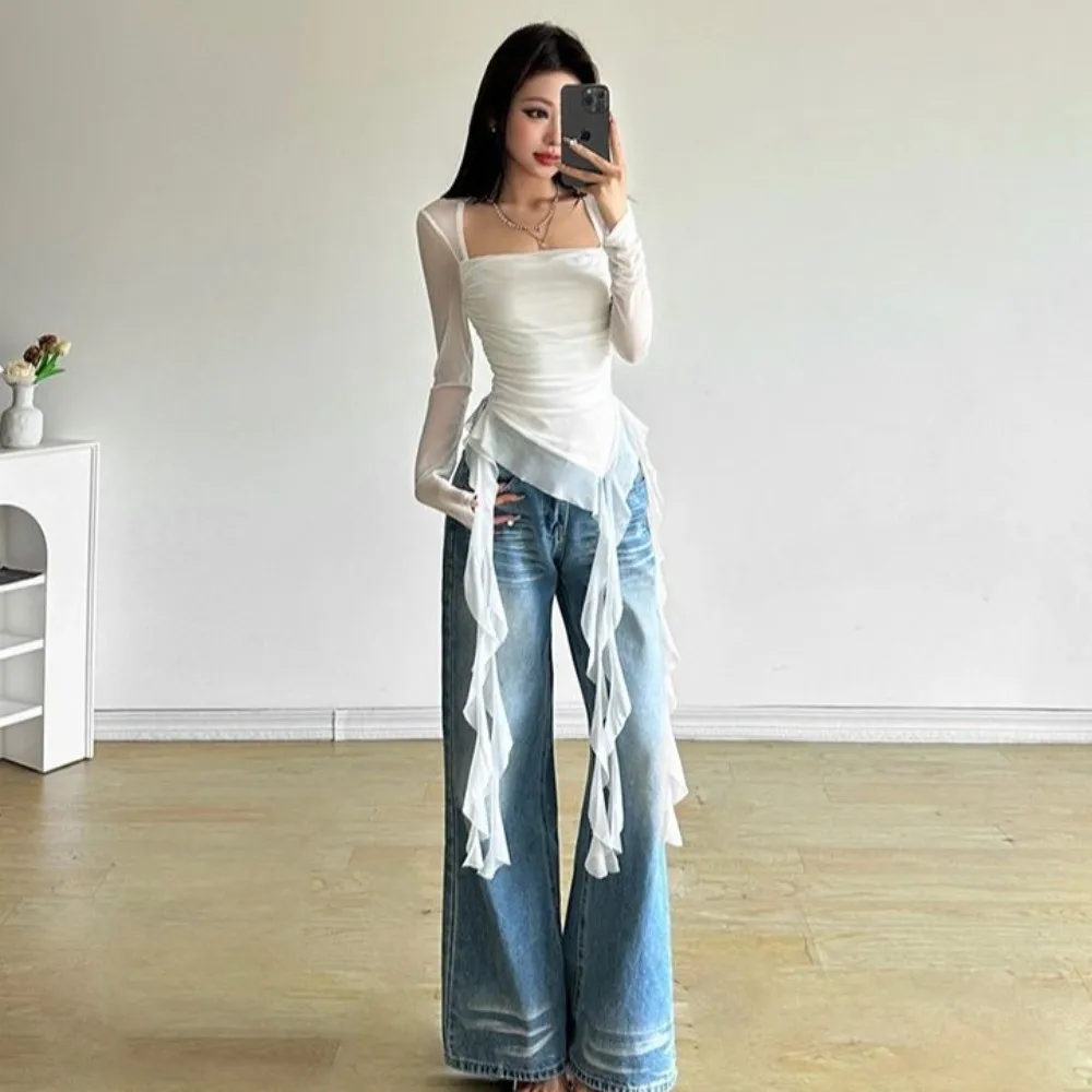 Streetwear Jellyfish Mesh Belt T-Shirt Elf Long Sleeve Pleated Collar Slim Fit Crop Tops Irregular Unusual