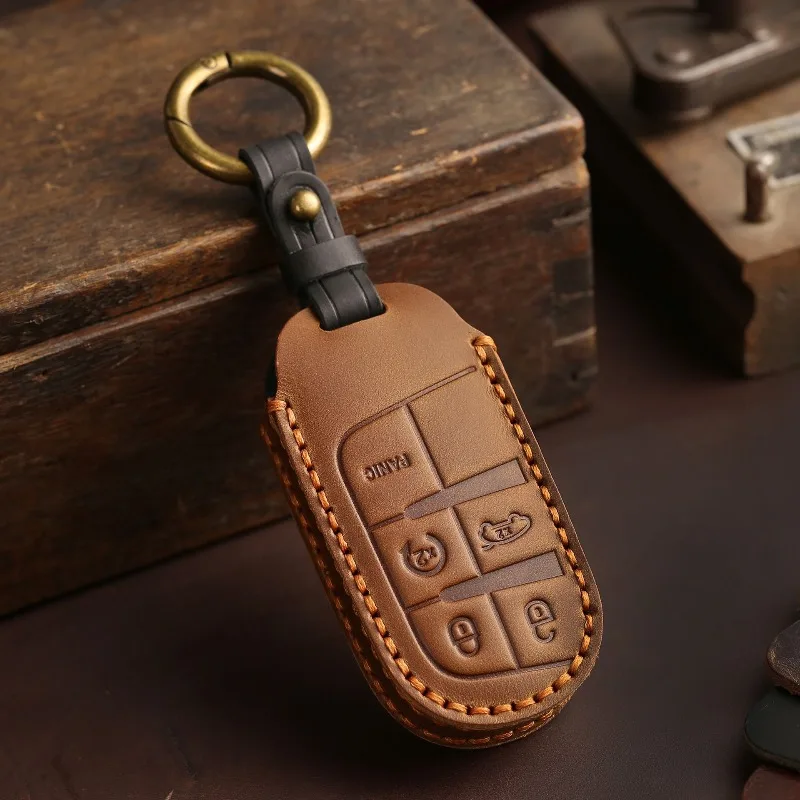 Genuine Leather Handmade Car Key Case Cover Fob Holder for Jeep Cherokee Grand Commander Compass Grand Cherokee Accessories