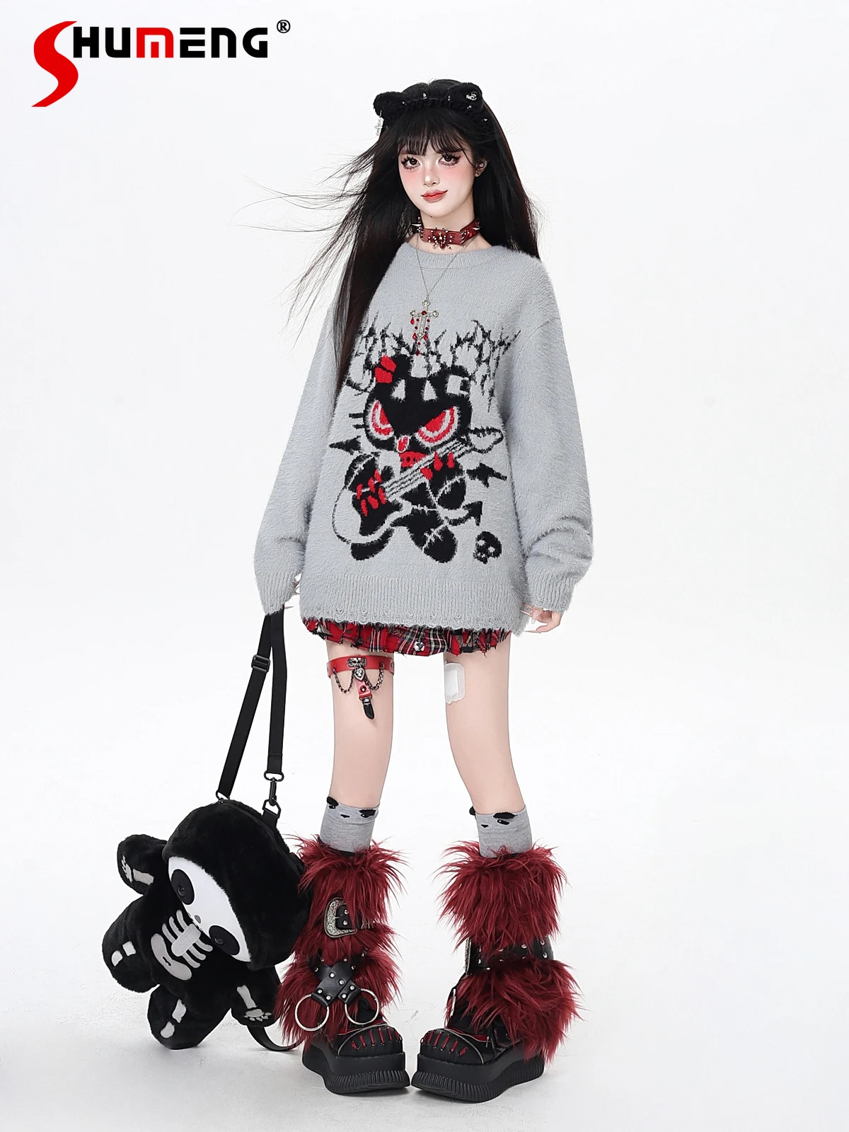 

American Lazy Casual Rock Bear Soft Knitted Top Round Neck Long Sleeve Loose Versatile Sweet Cool Pullover Sweater Women Autumn