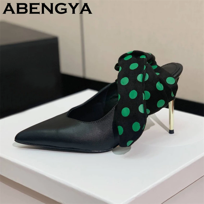 

2025 Summer Metal Thin High Heels Sandals Women Pointy Toe Bowknot Polka Dot Ankle Strap Stilettos Sexy Party Pumps Shoes Female