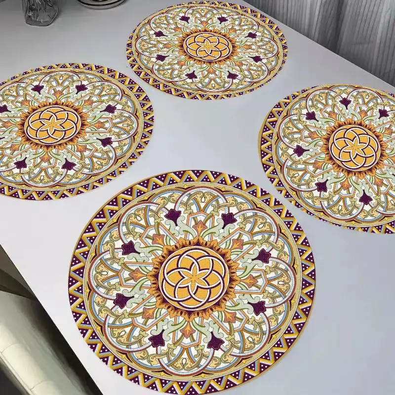 VIKAMA Russian Blue Flower Round Linen Placemats, Heat Resistant Wear-Resistant Washable Table Mat for Dining Table Decor