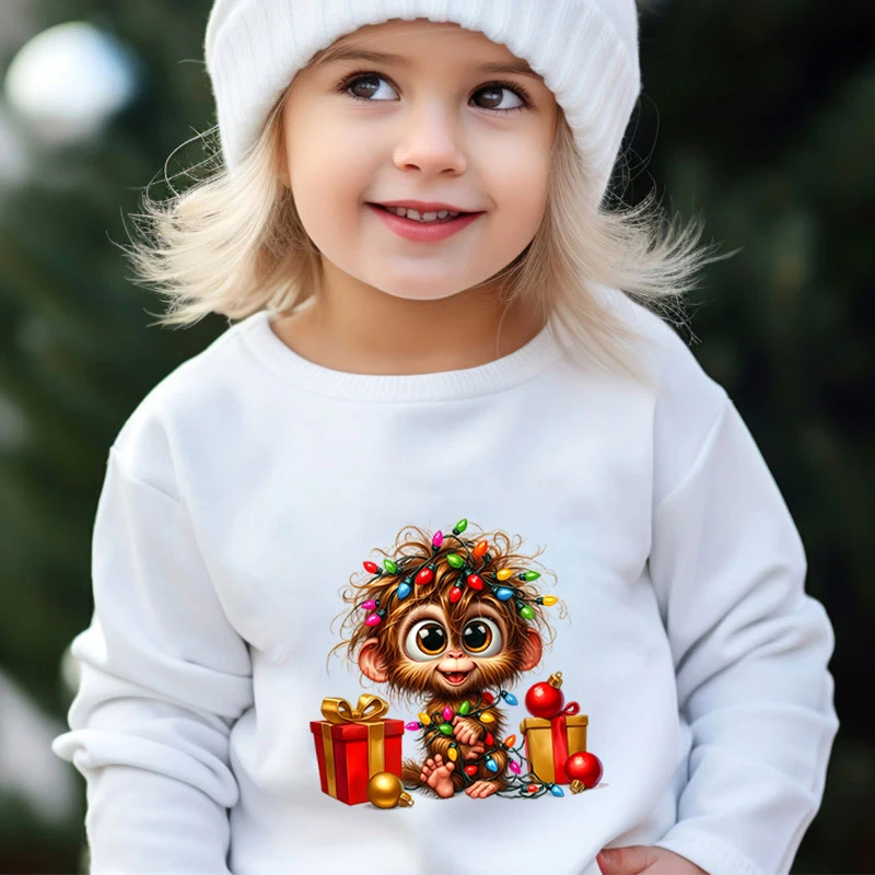 Kids Sweatshirt Christmas Monkey Lamp String Print Boys Girls Y2K Pullover Long Sleeve Crew Neck Tracksuit Fashion Xmas Hoodies