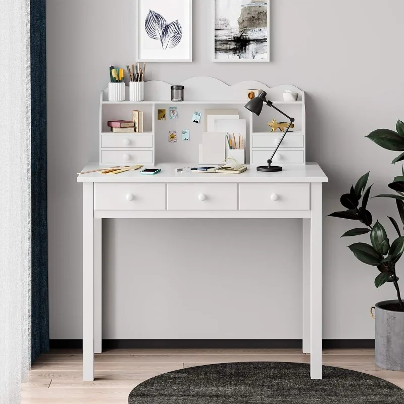 Writing Desk with 7 Drawers, Home Office Desk with Hutch,Student Desk Study Table, Small White Desk, Solid Pine Wood Legs