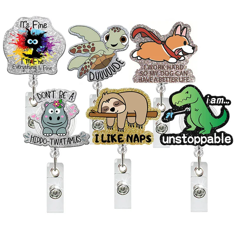 

Glitter Acrylic Sloths Dinosaurs Badge Reel Retractable ID Badge Holder With 360 Rotating Alligator Clip Doctor Name Holder