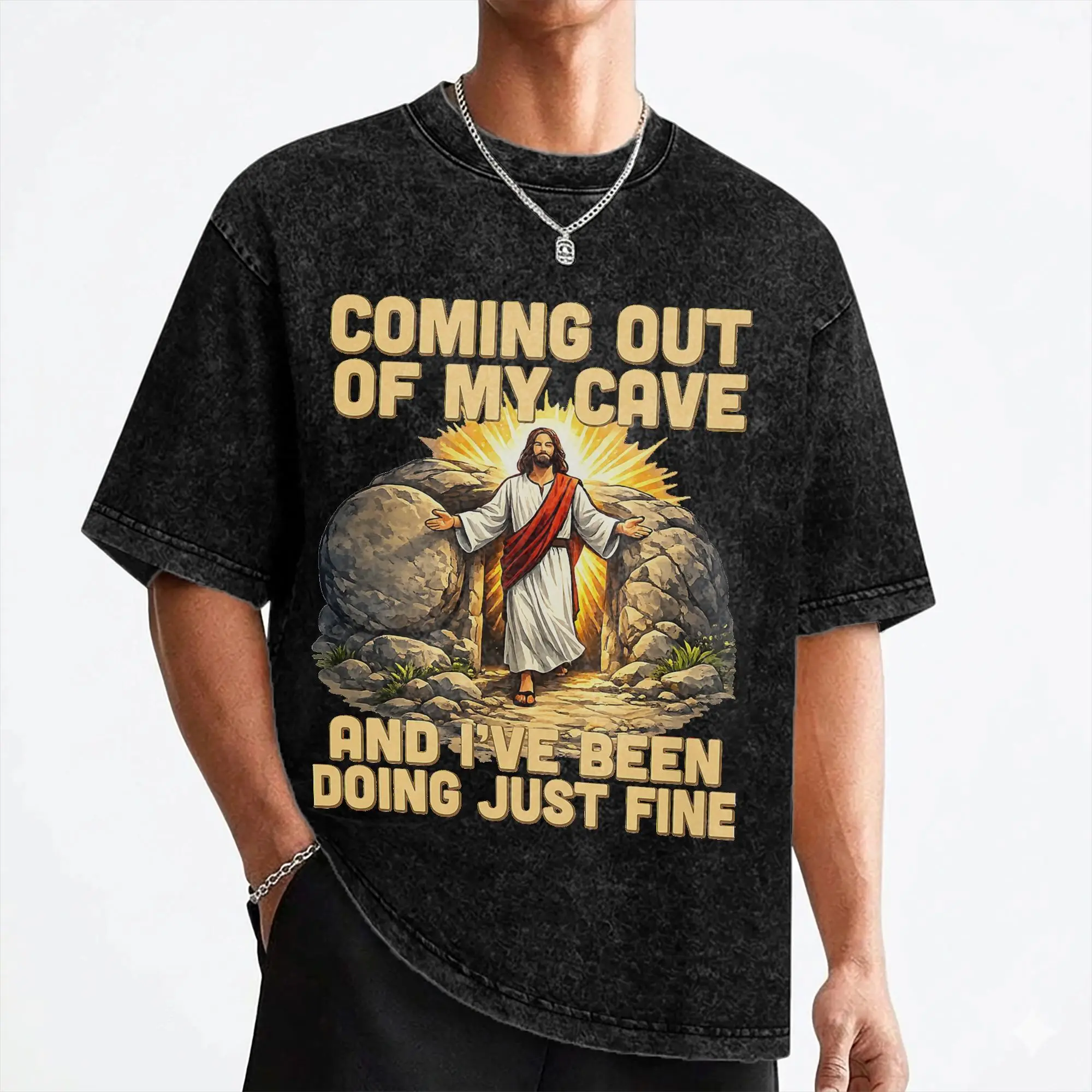 Washed T Shirts Coming Out of My Cave Jesus Resurrection Easter Hip Hop T-Shirts Street Streetwear 100% Cotton Tops Tees for Men
