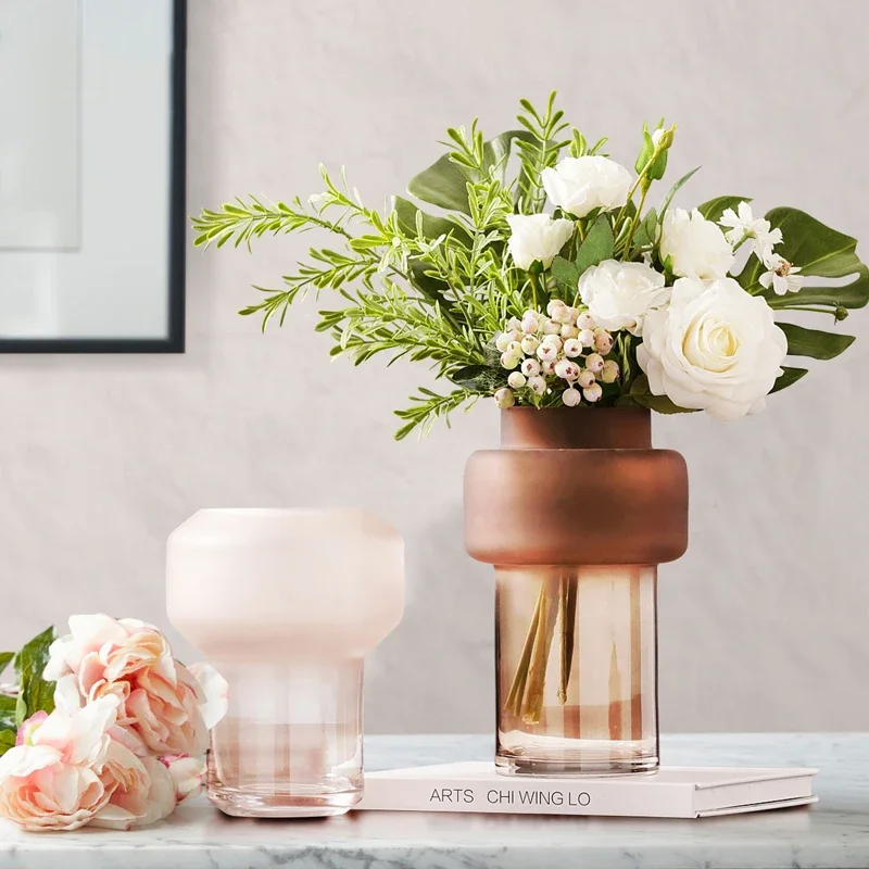 Light Luxury Glass Vase Home Decor Living Room Vase Terrarium Desktop Pink Matte Flower Pot декор