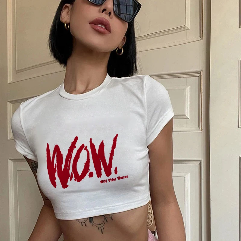 Women Y2K Crop Top Casual Minimalist Monogram Printed Round Neck Crop Sleeve Slim T-Shirt Harajuku street style clothing Emo gir