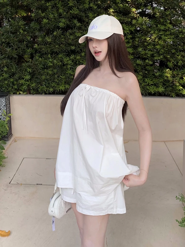 

Casual Loose One-Shoulder Belted Top And Straight Leg Shorts Holiday Lazy Set Women's Fashion Summer Outfit Two-Piece Suit
