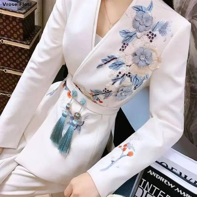 New 2024 Chinese Style White Blazer For Women Design Solid Medium Long Coat Office Female Overcoat Spring Autumn Blazers Ladies