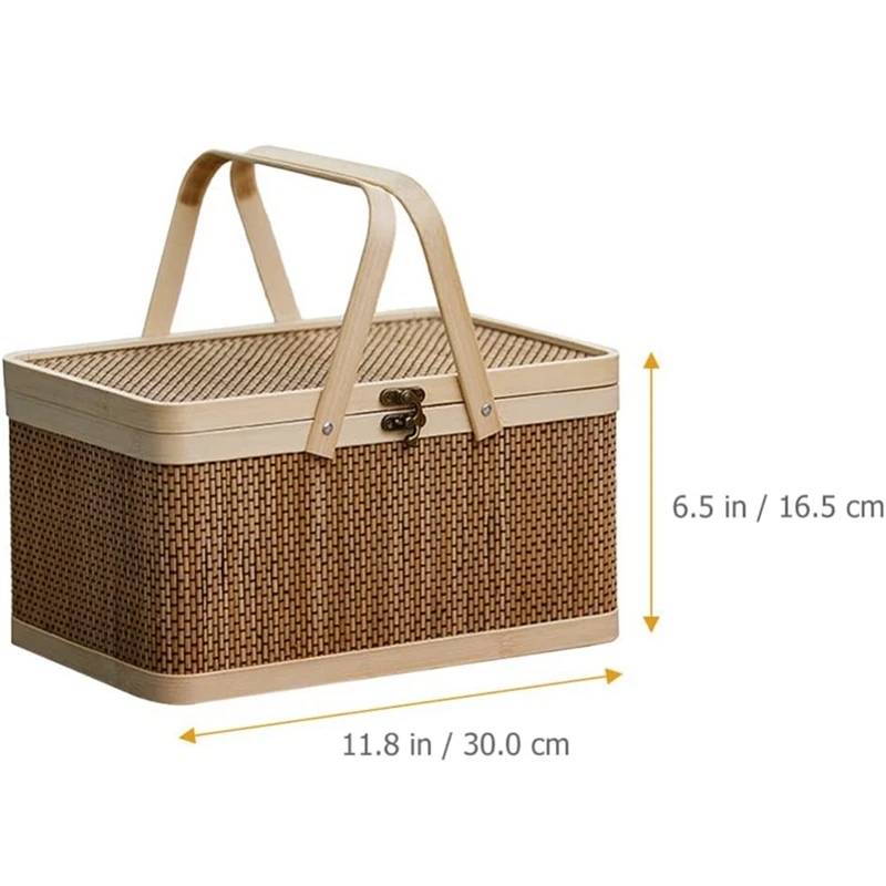 Bamboo Basket Natural -Friendly Woven Basket Bamboo Picnic Basket With Lid Handheld Snacks Bread Storage Basket