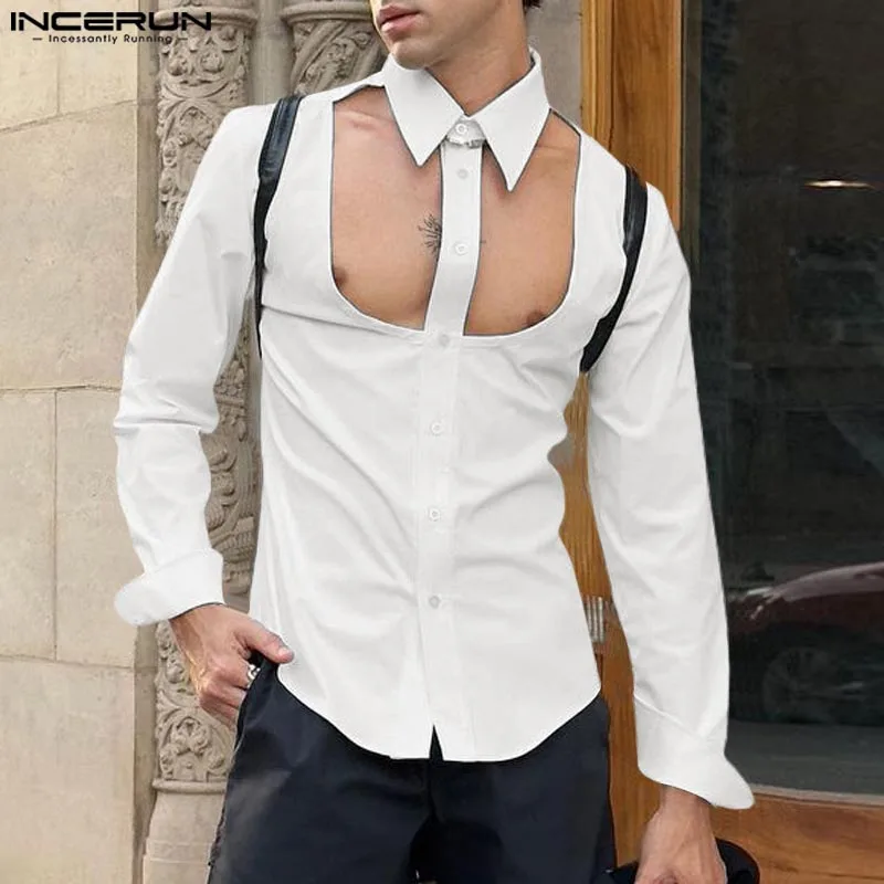 INCERUN Men Shirt Solid Lapel Long Sleeve Hollow Out Button Casual Men Clothing Streetwear 2024 Personality Sexy Fashion Camisas