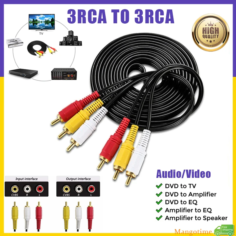 【Fast Ship】1.5M 3M 5M 3RCA To 3RCA Jack Plug AV Audio Video Cord AUX Video Composite Male to Male for TV DVD TVPLUS Cable