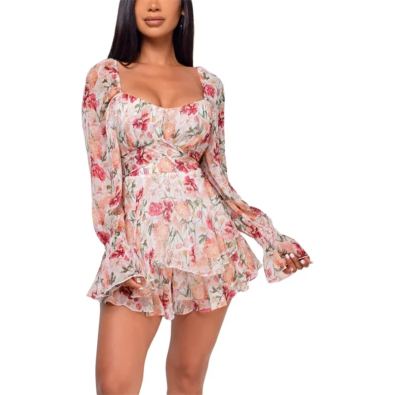 Robe Sexy à col carré pour femmes, tenue à bandes florales, taille haute, manches longues, dos nu, Mini, tenue de soirée, 2025