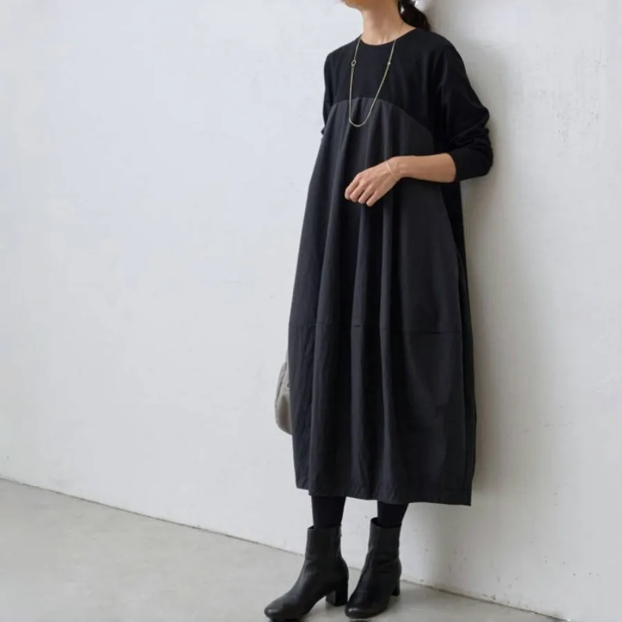 

【HOT】Spring and Autumn New style Japanese and Korean Lotte round collar long sleeve knitting stitching medium and long dress ro