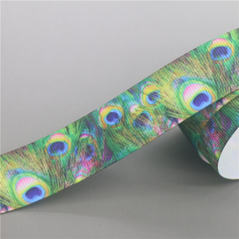 DHK 50yards Peacock Feather Printed Grosgrain Ribbon Accessories Material Headwear Decoration DIY Sewing Craft S1820