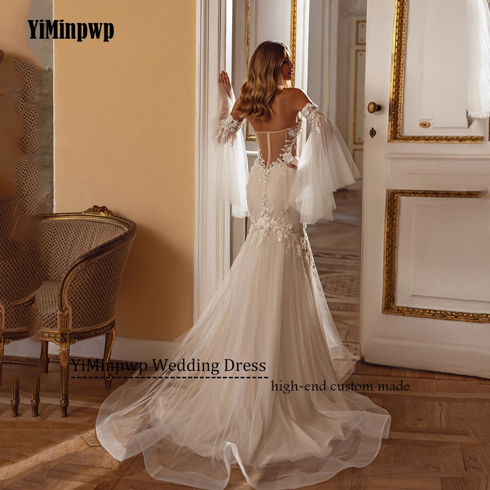 Meerjungfrau Luxus Brautkleider Illusion Zurück Blumen Pailletten Liebsten Applique Braut Kleider Boho vestido de novia Angepasst