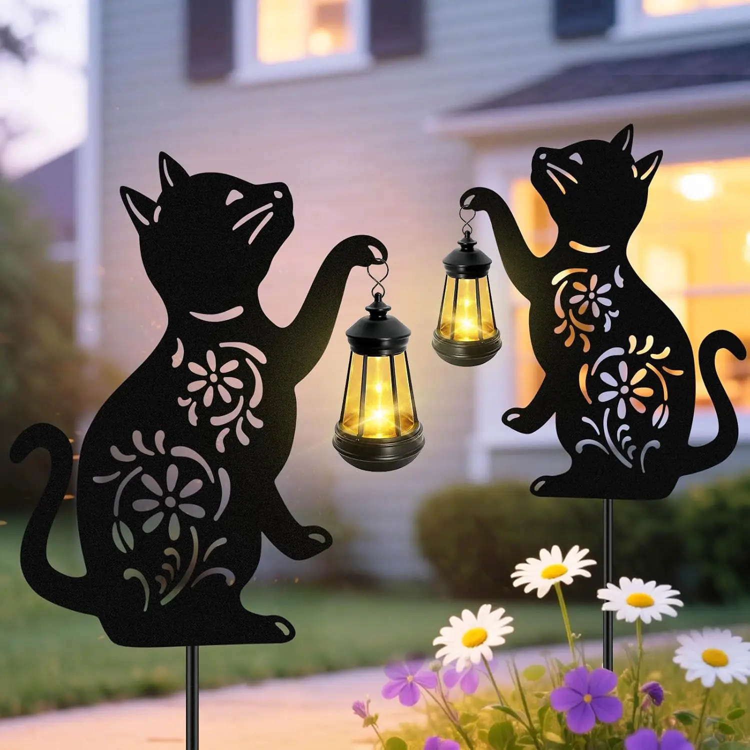 Linternas solares colgantes con forma de gato, paquete de 2 luces negras para exteriores para decoración de jardín, regalo perfecto para amantes de los gatos