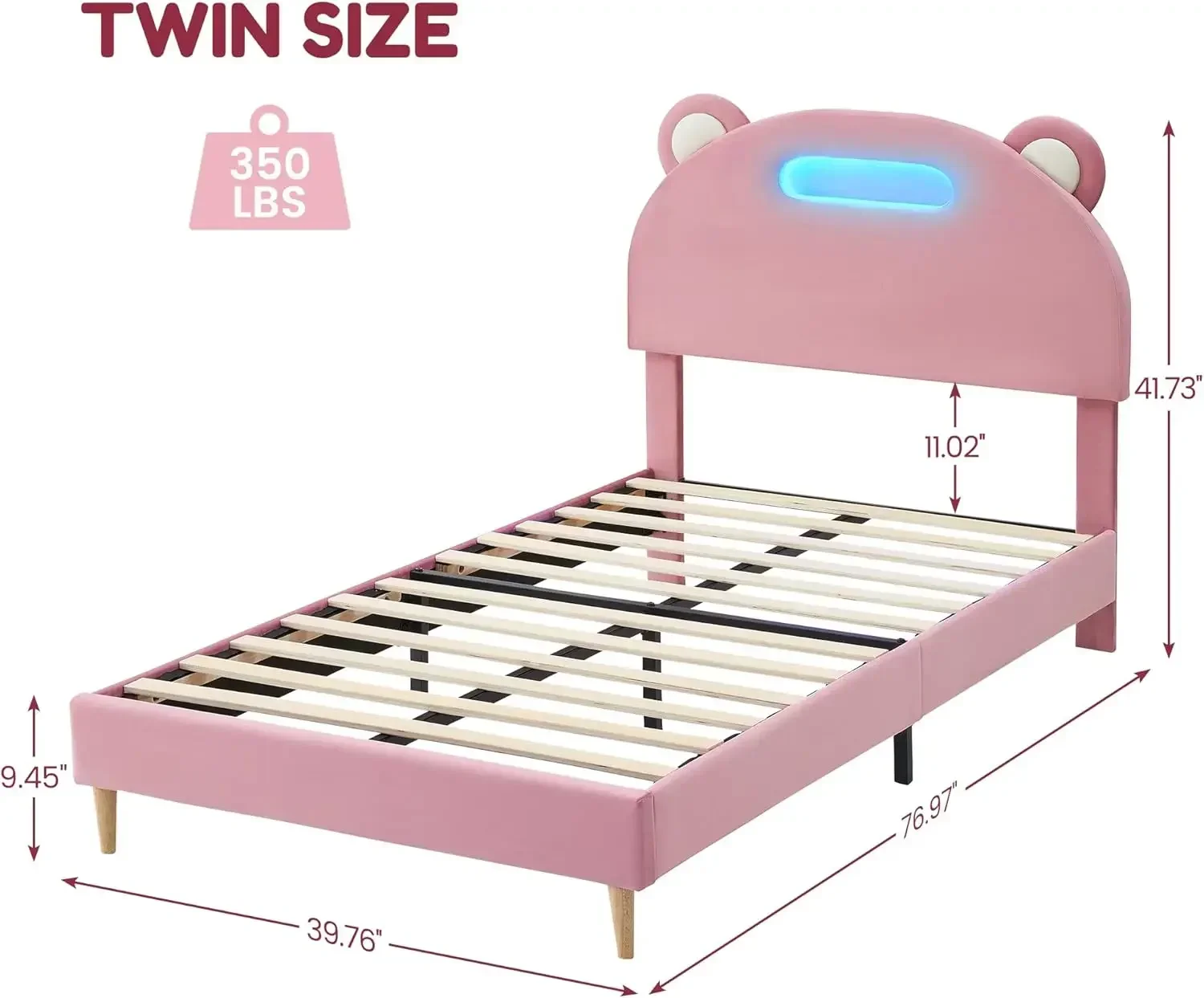 Telai letto gemelli, struttura a piattaforma con testiera imbottita e a LED, telai gemelli per bambini, struttura doppia con Sla in legno