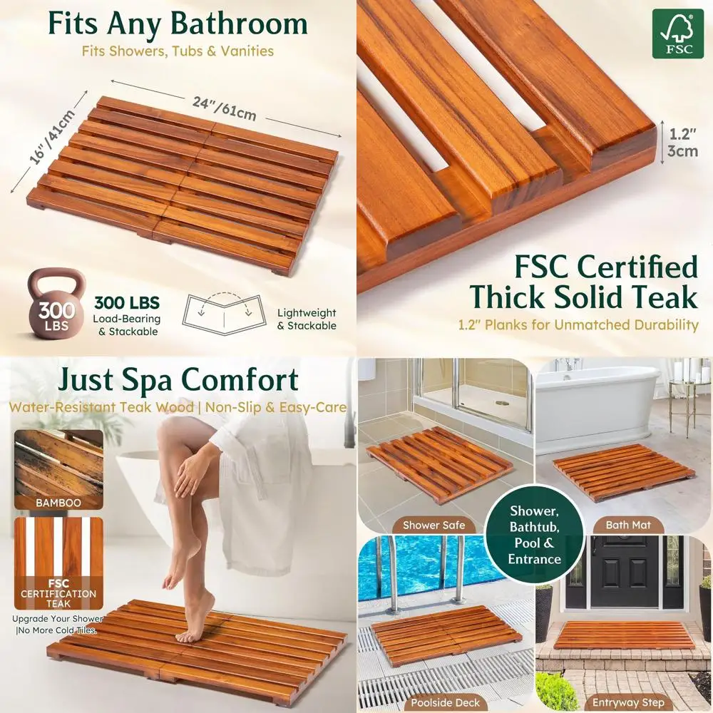 

Luxury Teak Shower Mat - Anti-Slip Bath Mat for Tub & Shower, Natural Wooden Bathroom Mat, Spa-Style Quick-Dry Bathtub Tray, Sol