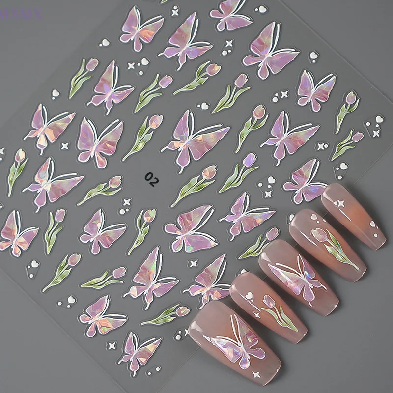 5D Relief Laser Color Butterfly Nail Art Sticker Retro Ultra-thin Self Adhesive Nail Slider DIY Manicure Decoration Decals