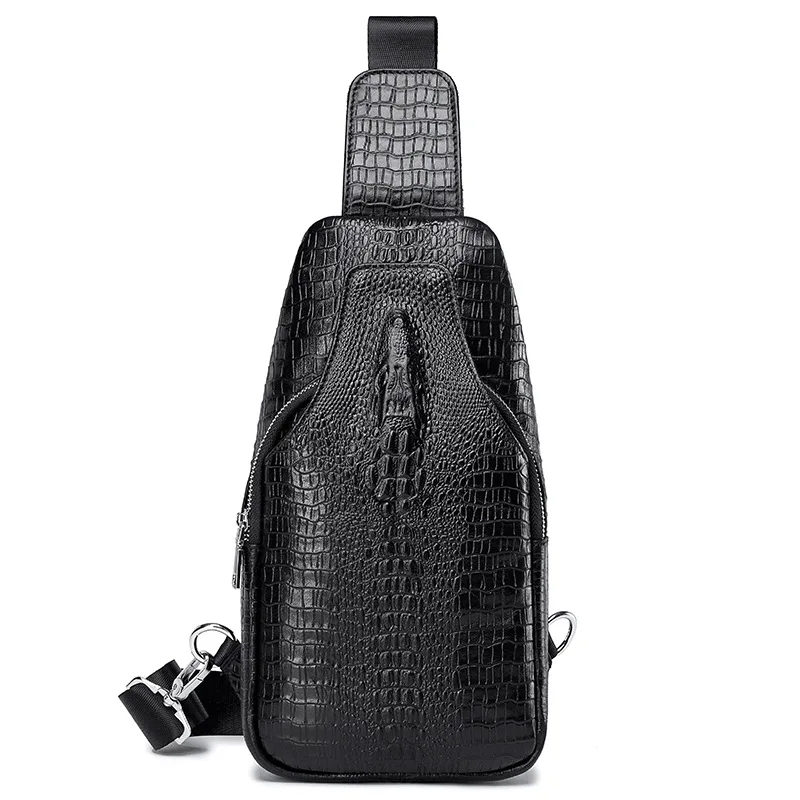 

Black Real Cow Leather Chest Bag for Man Single Male Cowhide Shoulder Bag Small Alligator Pattern Genuine Leather Crossbody Bag