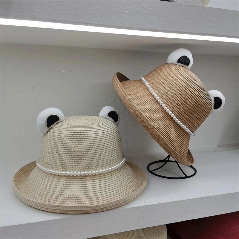 New pearl straw hat with cuffed bear ears children's summer beach hat cute and sweet sun protection hat