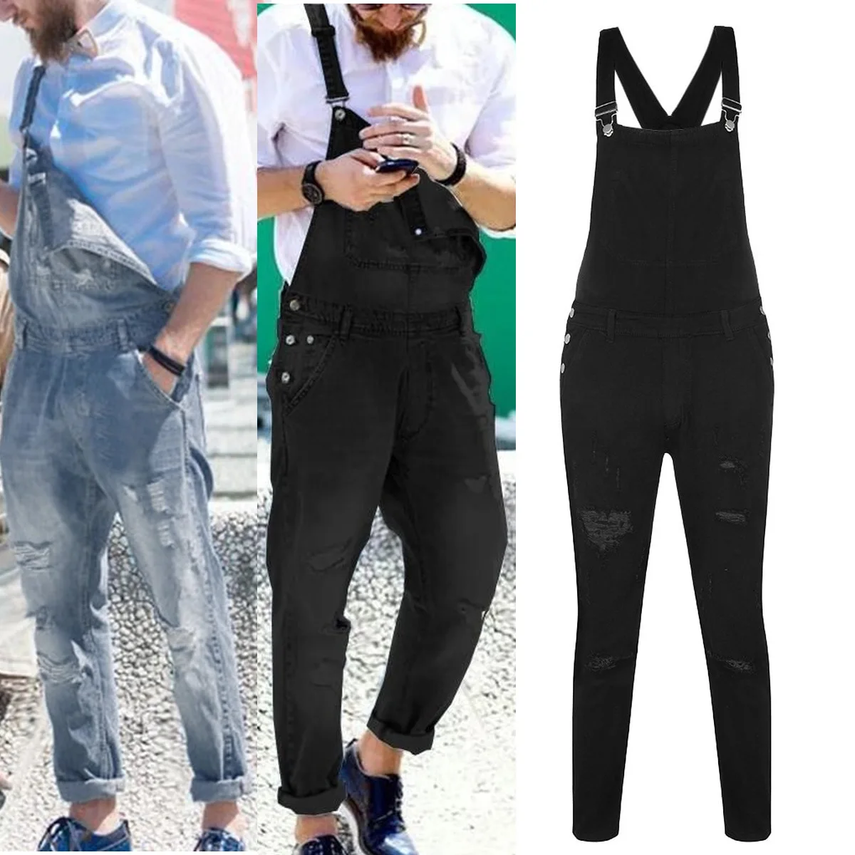 

Men Jeans Overalls Washed Denim Pencil Ankle Length One Piece Hole Distressed Pockets Casual Spliced Ripped Vintage Suspenders