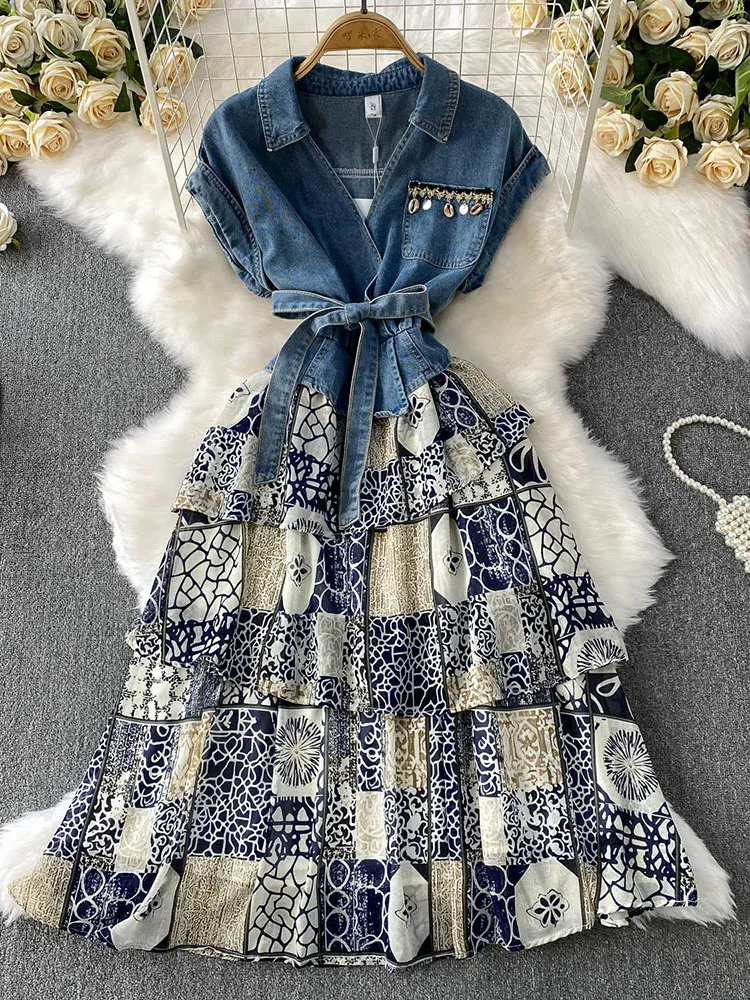 

Retro V-neck Denim Dress For Women Ethnic Style Cinched Waist Patchwork Printed Long Dresses Chic Appliques Pocket A-line Dress