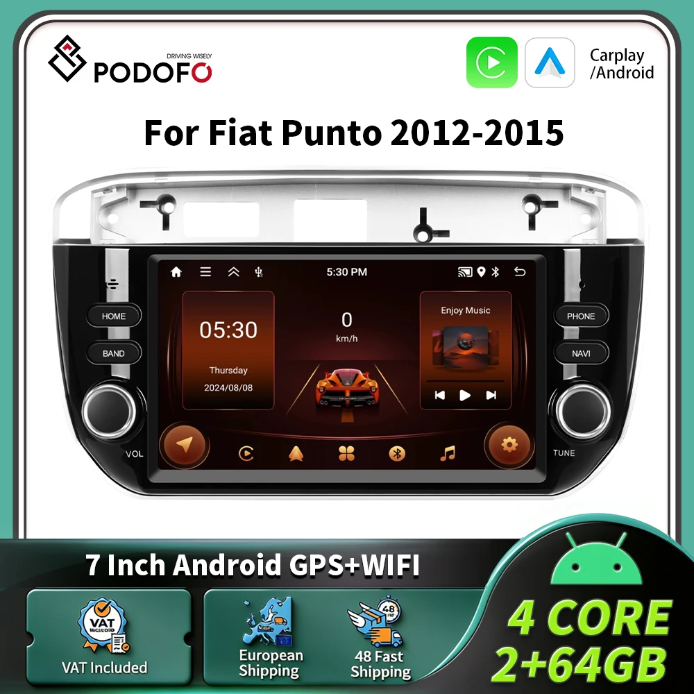 Podofo 7-Zoll 2Din Autoradio mit Carplay Android Auto Intelligentes Fahrzeugsystem GPS-Navigation FM BT für Fiat Punto 2012-2015