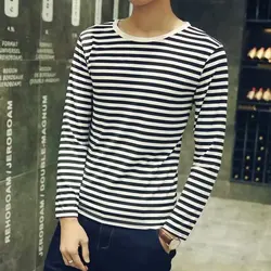 Striped T-shirt Men Long Sleeve Pullover Trendy Black White Striped Tops for Men Harajuku Casual Base Shirt Invisible Undershirt