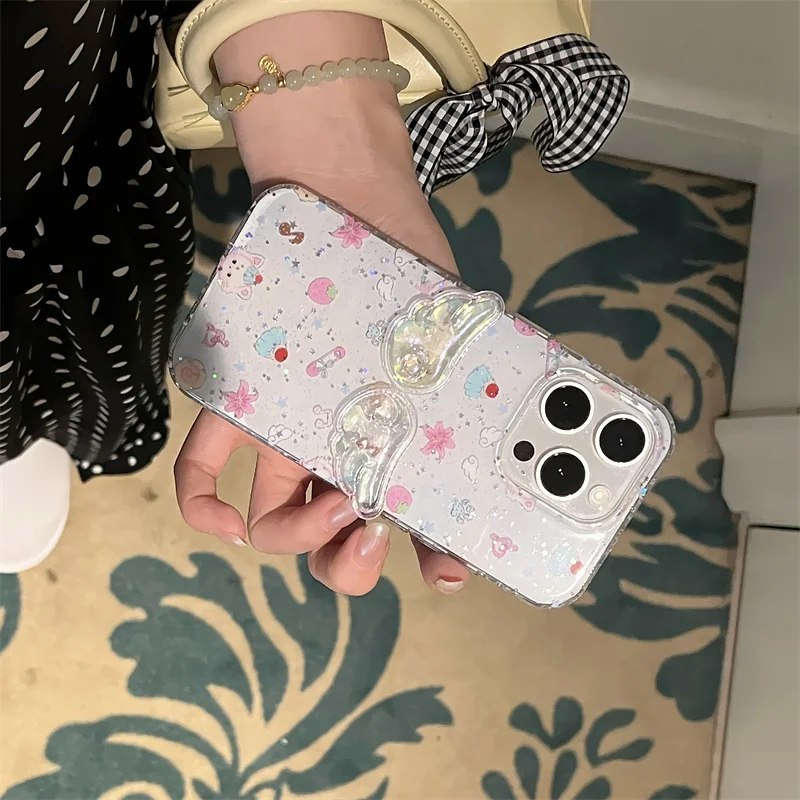 لطيف Bowknot الجانب الإطار جراب هاتف آيفون 16 برو 15 14 13 برو ماكس غطاء واضح بريق أجنحة للصدمات حالات ل 16 ProMax