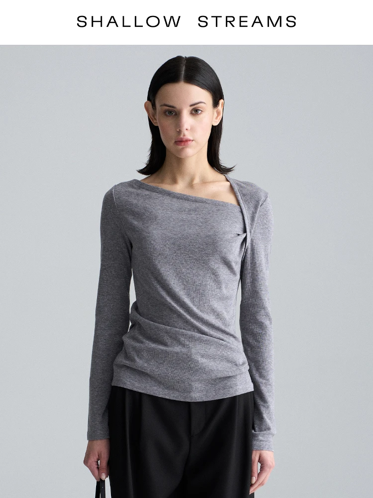 

Elegant Long Sleeve Women's T-shirt Asymmetrical Neck Design Silk Wool Blend Base Shirt Spring Commute Style Pure Color