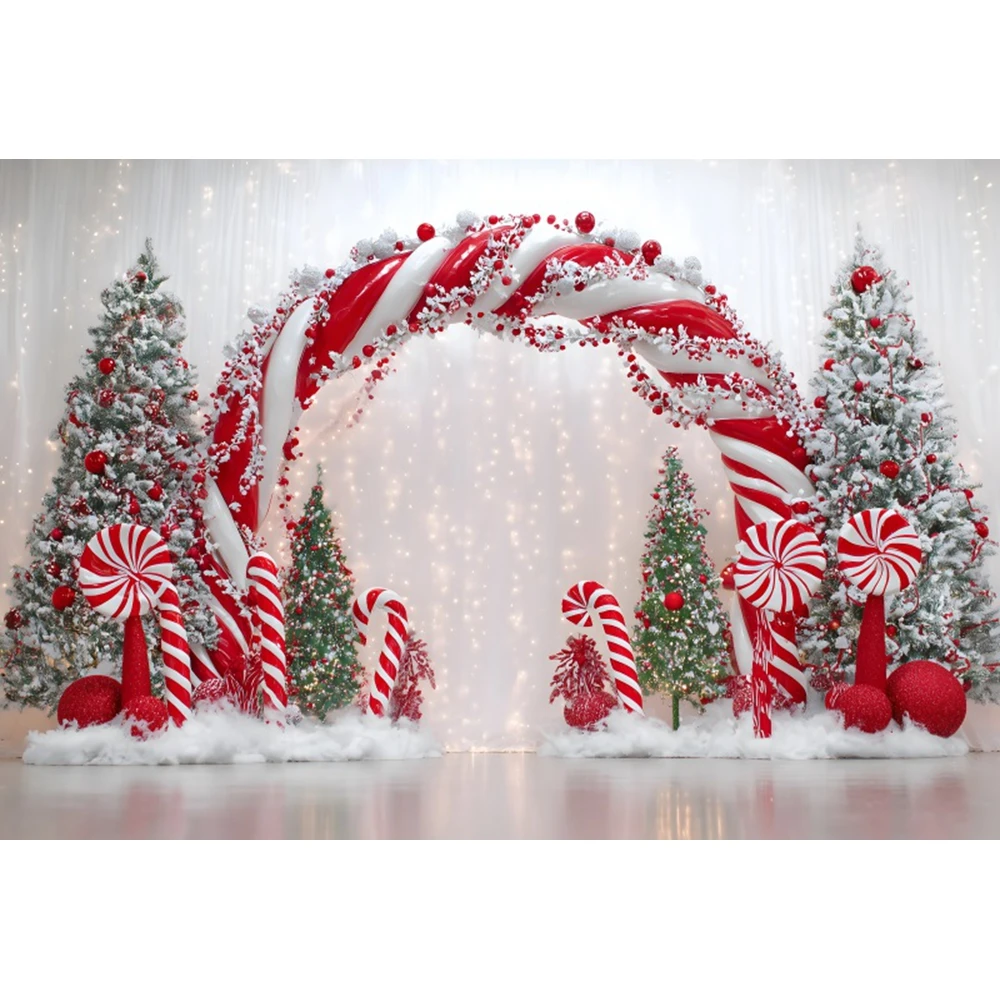 Winter Christmas Backdrop for Photography Arch Wreath Holly Leaves Candy Cane Xmas Kids Portrait Photo Background Photo Studio
