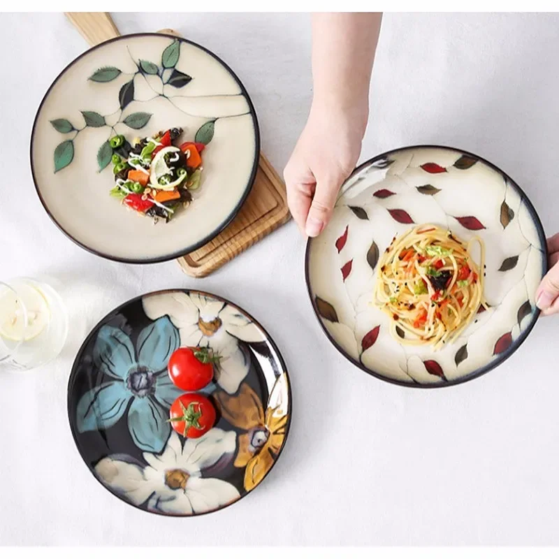 1Pcs Personality Plant Flower Round Ceramic Plate Breakfast Steak Salad Dessert Cake Sushi Home Kitchen Storage Decoration Plate