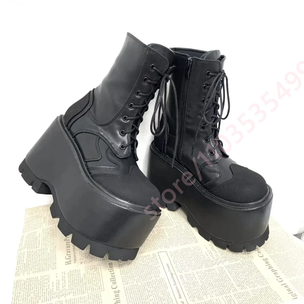 2026 Platform Mid Calf Boots Lace Up Side Zipper Round Toe Thick Lug Sole Goth Punk Streetwear Fashion Chunky High Heel Boots