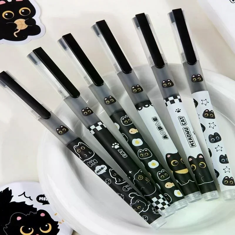 6PCS Black Cat Direct Liquid Rollerball Pen With Mini Needle Smooth Writing Non-Stop Ink Fast Drying And Easy-to-Write Writing