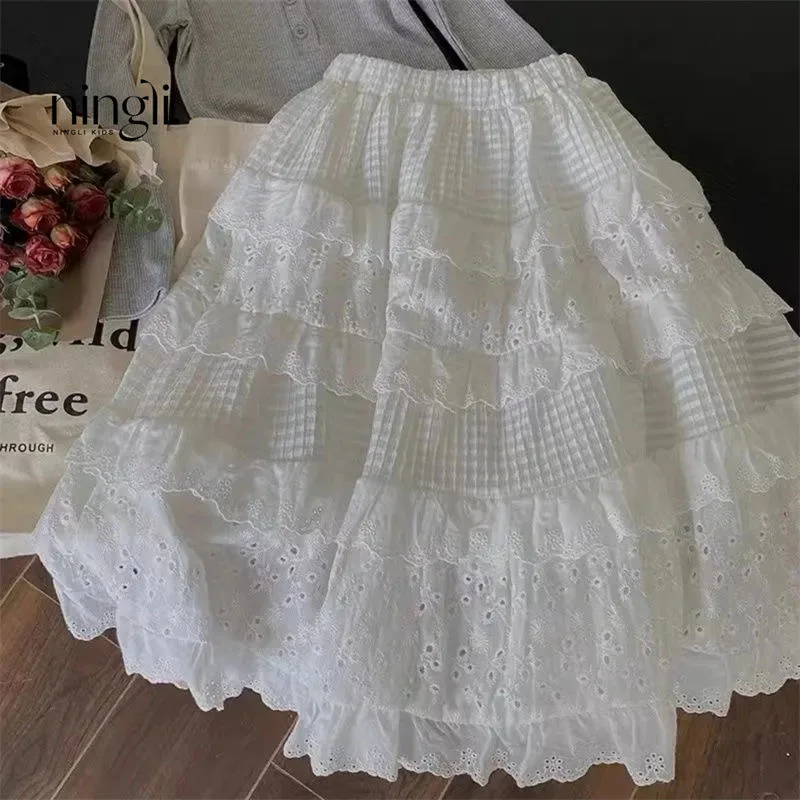 Kids Clothes for Girls Skirts Baby Girls Lace Cake Dress Toddler Kawaii White Mid-length Skirt Cotton Lolita Skirt 2-8y