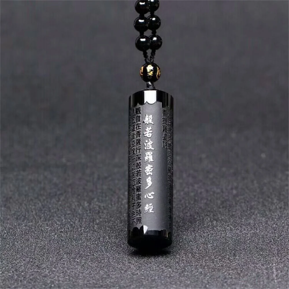 Beautiful Natural Black Obsidian Carved Buddhism Words Strip Heart Sutra Lucky Pendant + Black Beads Necklace Fashion Jewelry