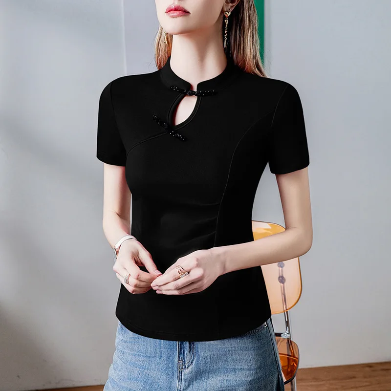 #4404 Black Red Vintage Short Sleeve T Shirt Women Stand Collar Button Hollow Out Sexy Skinny Asymmetrical T Shirt Female Cotton