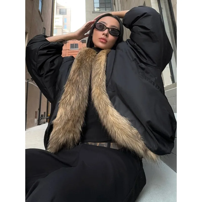 

Американская уличная толстая хлопковая куртка, женская осенне-зимняя шуба из искусственного меха, свободное теплое черное пальто, женская одежда