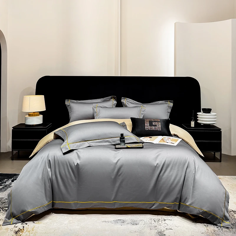 Luxury Hotel Style 600TC Egyptian Cotton Bed Linen Set Golden Piping Border Duvet Cover Bedding Set King Queen Home Textiles