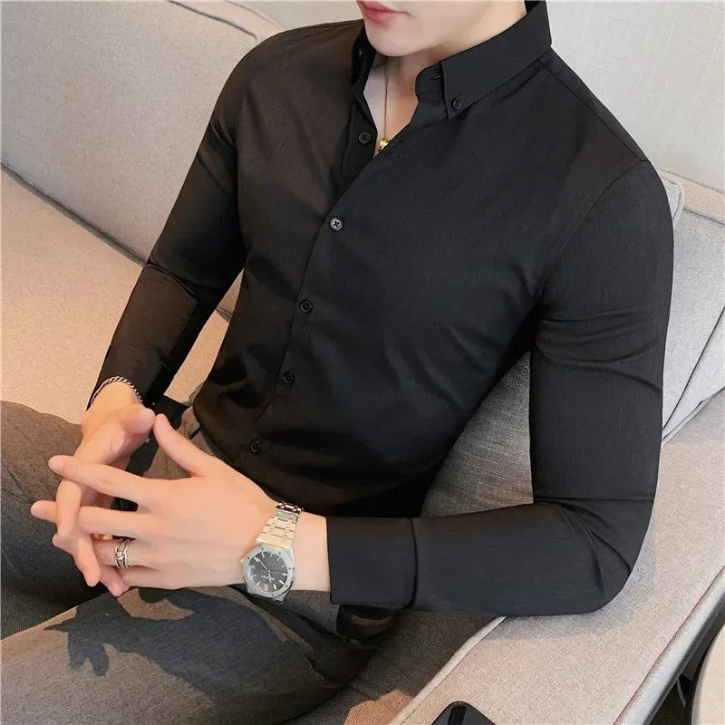 Men Shirt 2024 Autumn British Style Long Sleeved Anti-wrinkle Soft Solid Casual Elastic Slim Fit Camisas Y Blusas Men Clothing